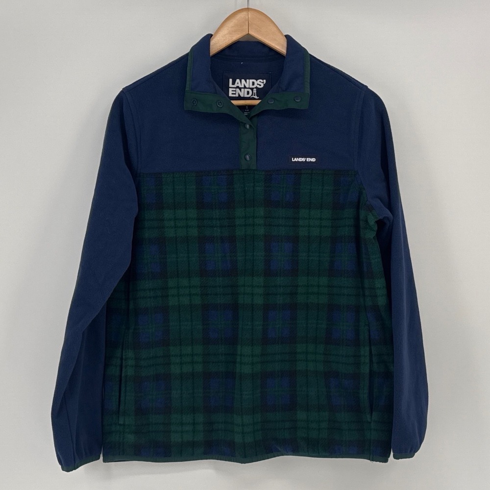 Lands' End Snap-Neck Kids S 6-8 Fleece Pullover Navy Green Plaid Colorblock